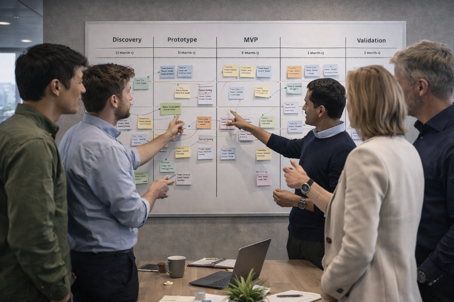 Product team reviewing a structured work plan showing phases, milestones, and dependencies on the path to an MVP.